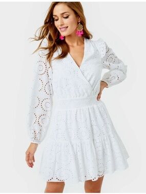 LILLY PULITZER Taviana Eyelet Dress Resort White Size 16 Plus Cotton Long Sleeve